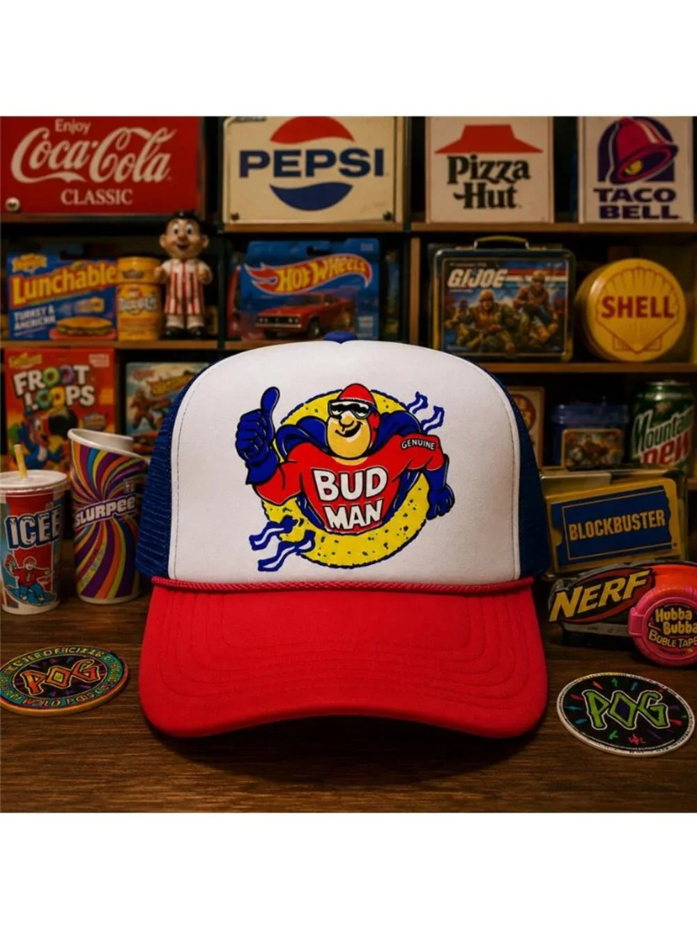Retro Bud Man Foam Trucker Hat Red White Blue Superhero Beer Rope Snapback New